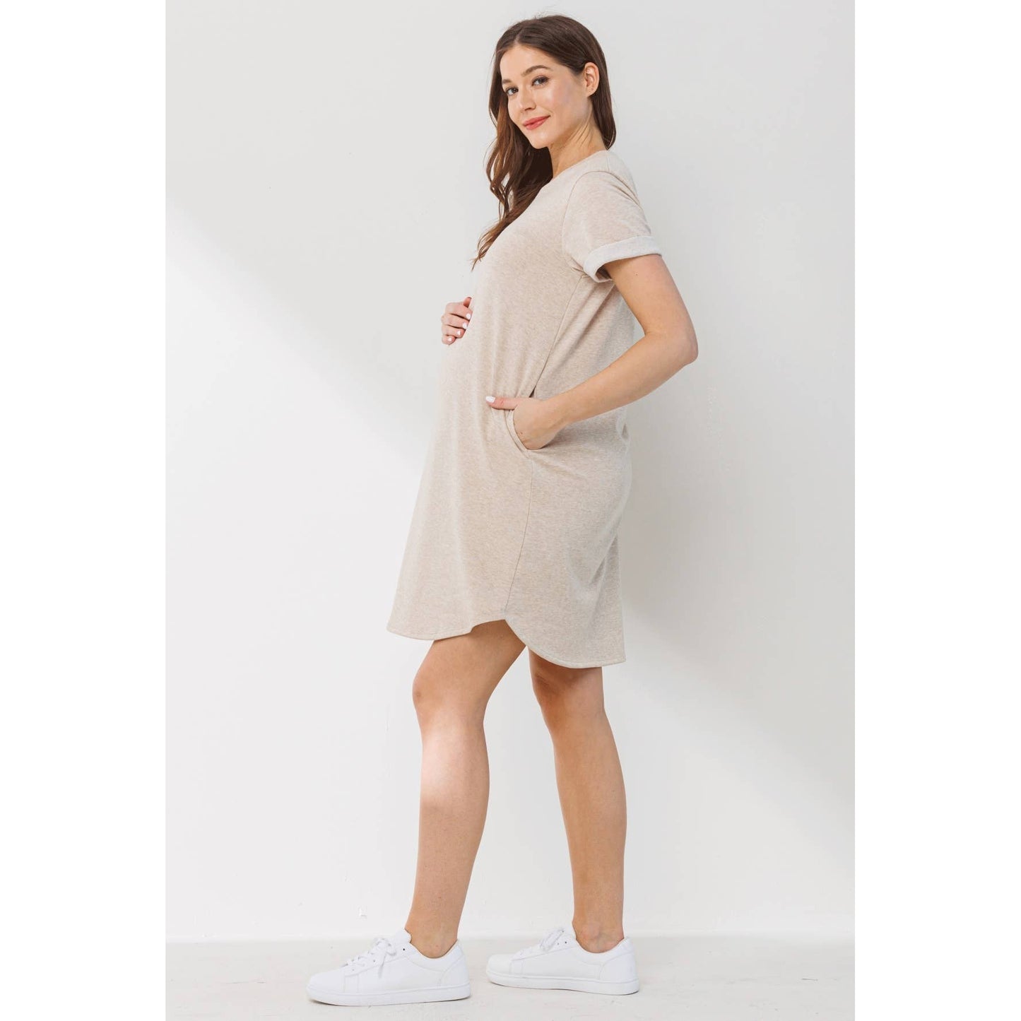 Crew Neck Terry Maternity T-Shirt Dress : Oatmeal