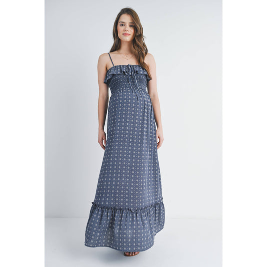 Smocked Sleeveless Floral Maternity Maxi Dress : Navy