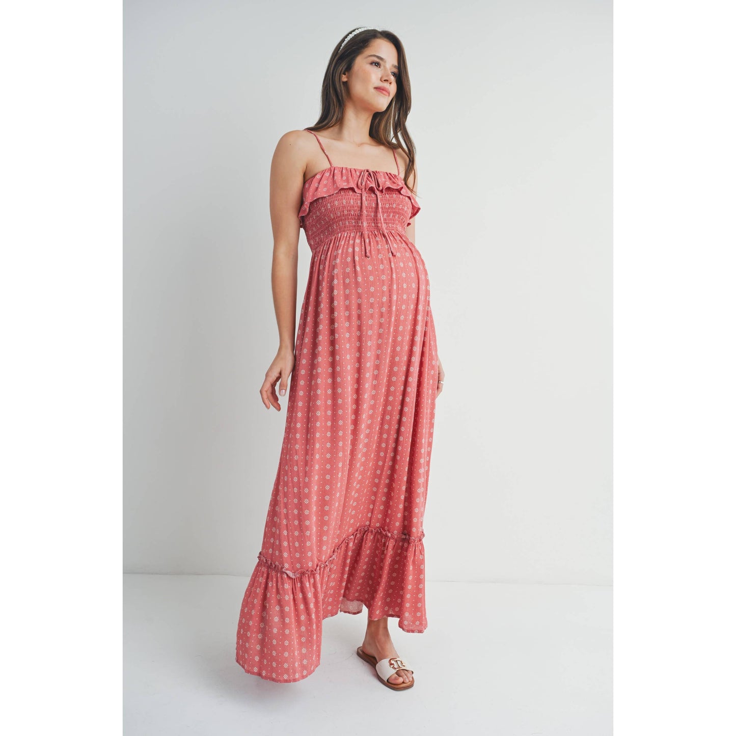 Smocked Ruffle Maternity Sleeveless Maxi Dress