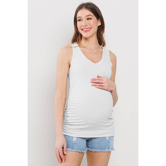 V-Neck Ribbed Knit Maternity Ruched Tank Top: Off White