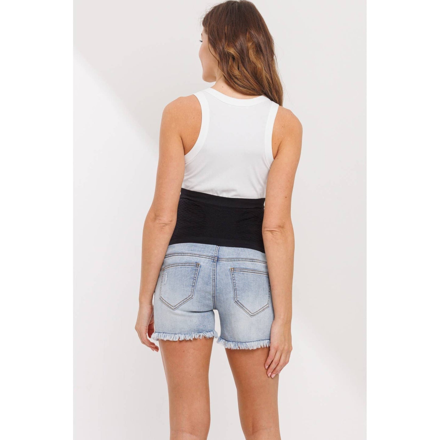 Frayed Denim Maternity Shorts with Waistband Panel: Light Denim