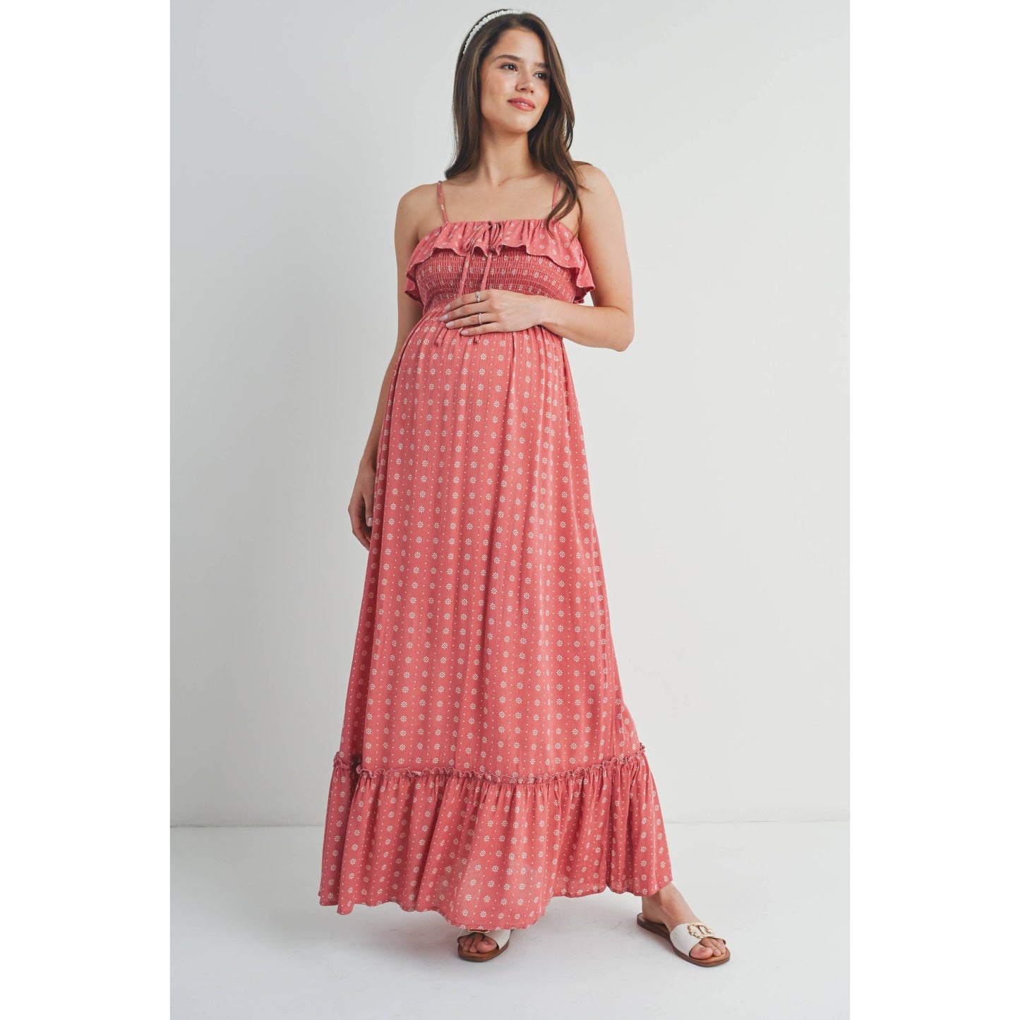 Smocked Ruffle Maternity Sleeveless Maxi Dress