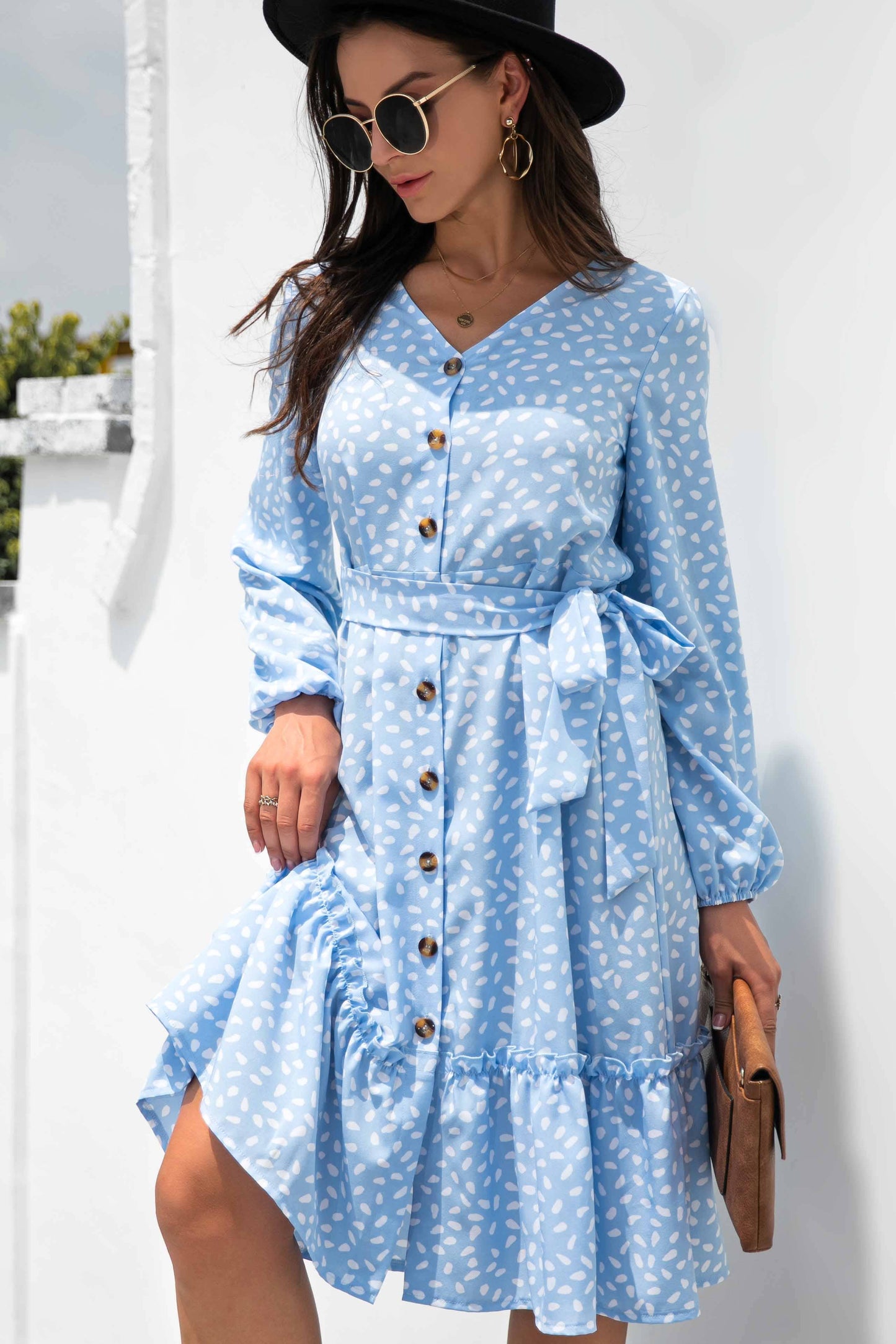 Dotty Print Woven Tiered Buttoned Dress