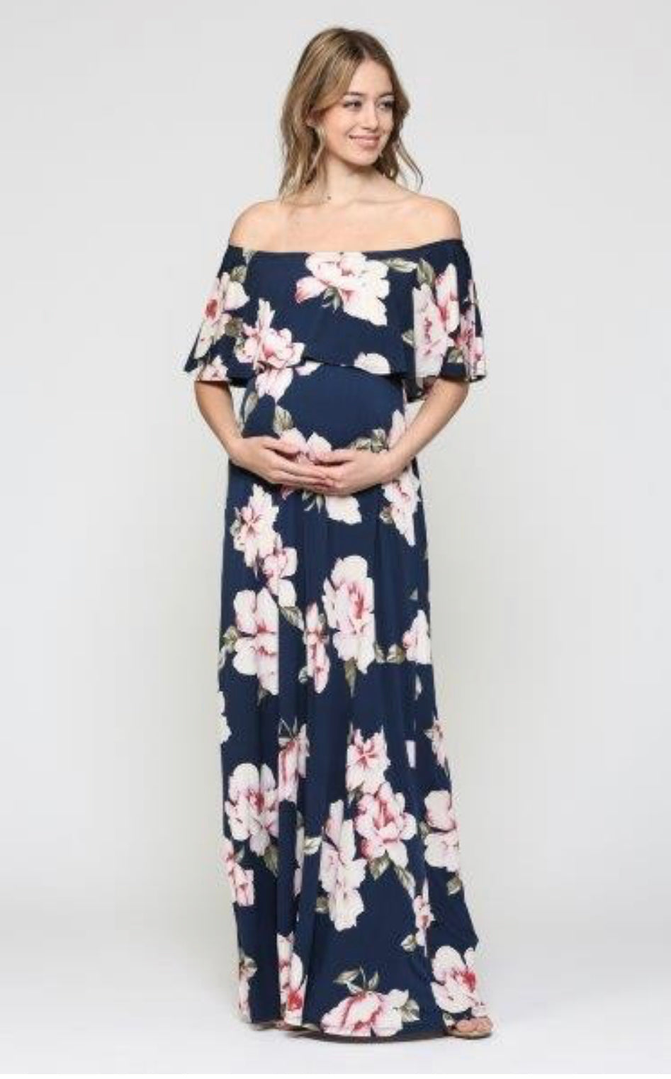 Navy/Blush Floral Ruffle Off Shoulder Maxi Maternity Dress
