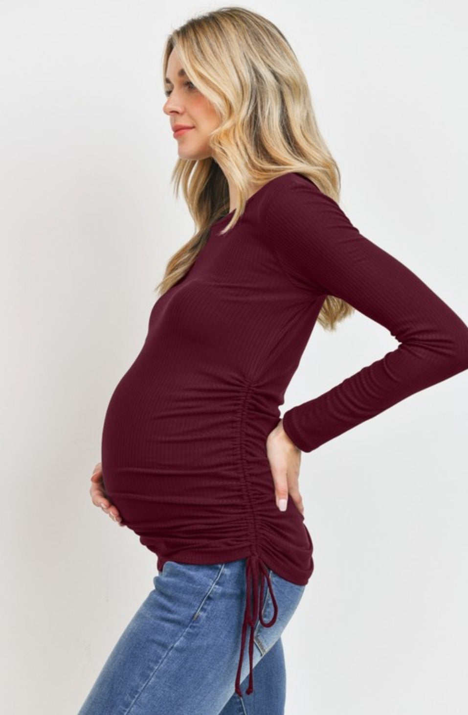 Long Sleeve Ribbed Maternity Top in Burgundy