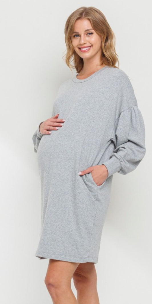 GREY CREW NECK MATERNITY SWEATER DRESS W POCKETS