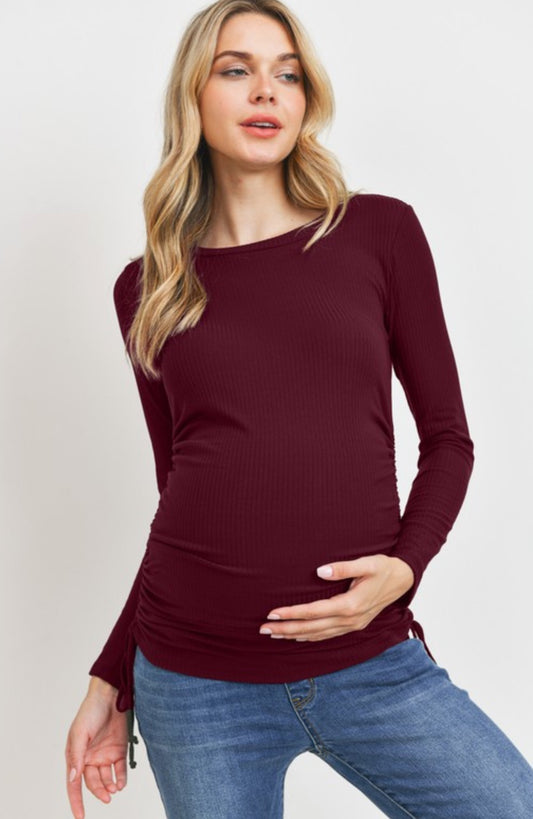 Long Sleeve Ribbed Maternity Top in Burgundy