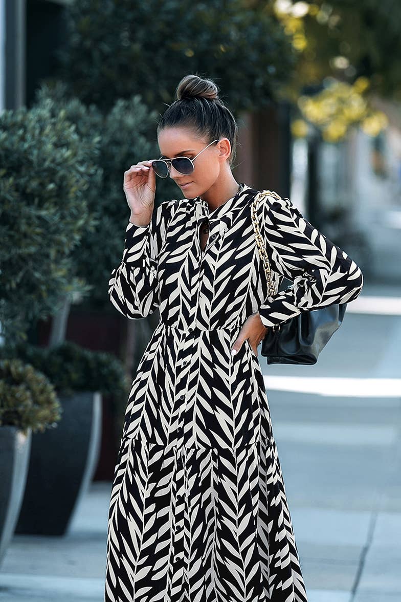 Leaf Print Button Long Sleeve Maxi Dress