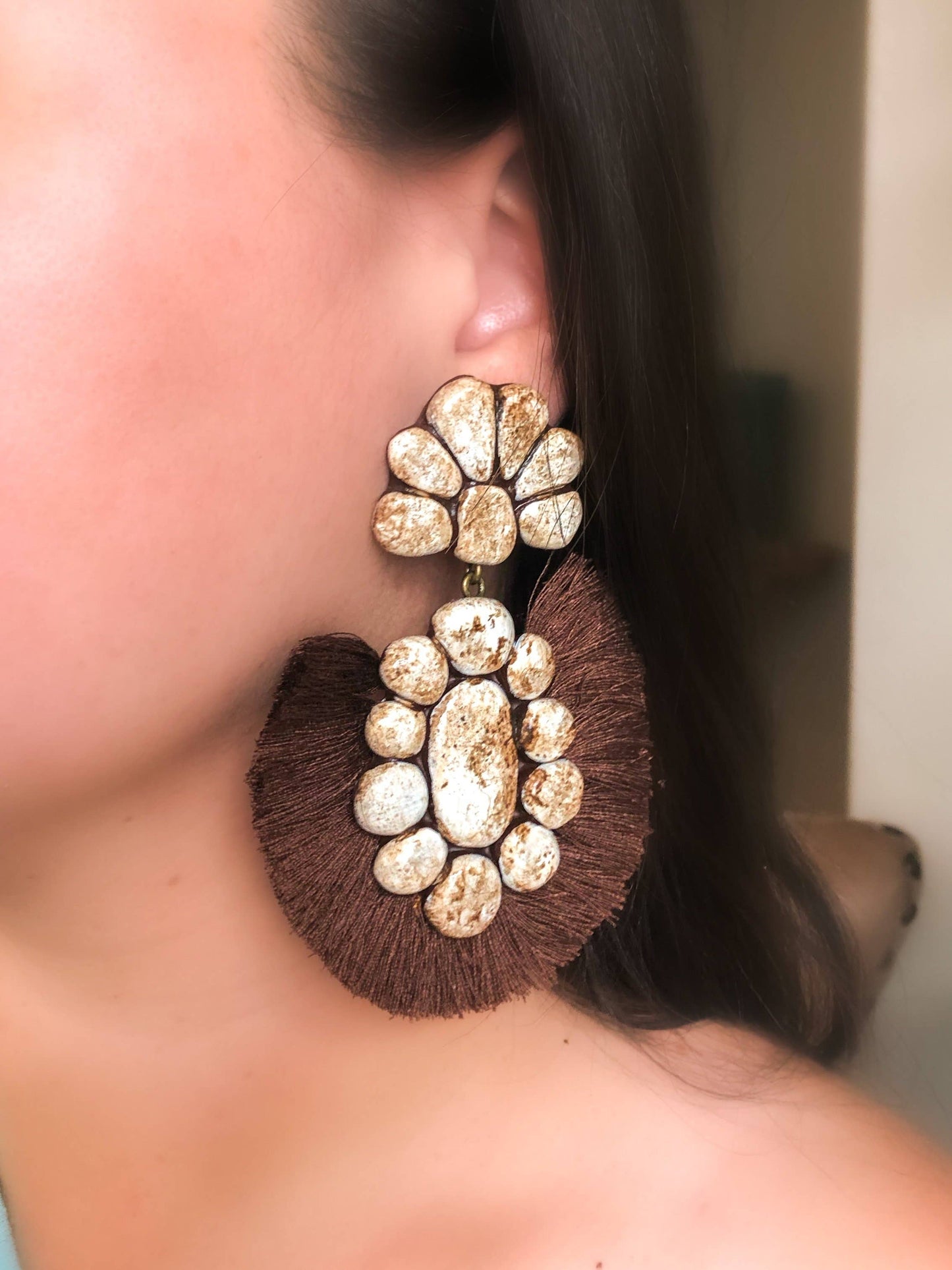 The Roan Earrings - White Stone With Brown Fringe