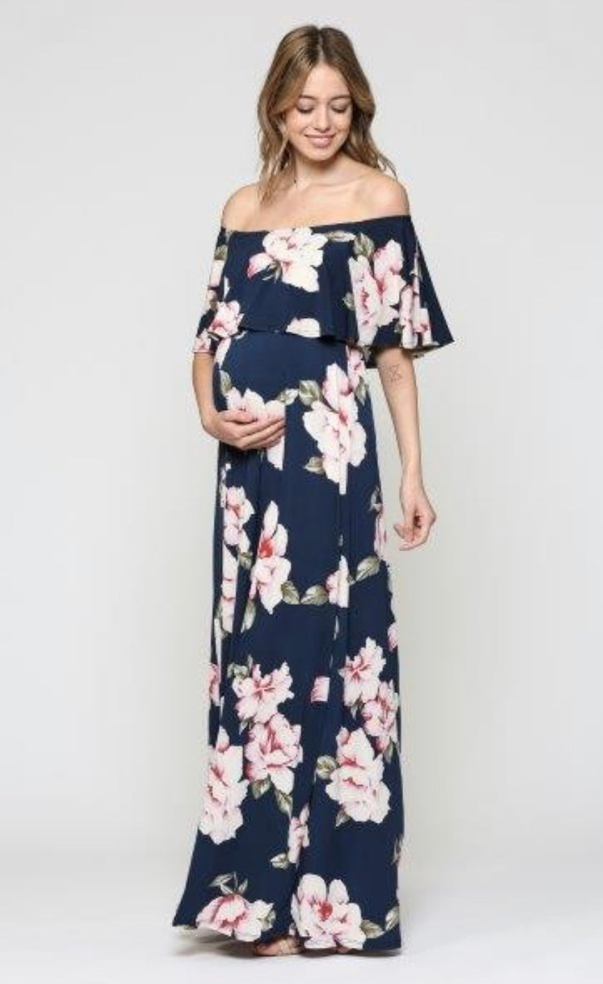Navy/Blush Floral Ruffle Off Shoulder Maxi Maternity Dress
