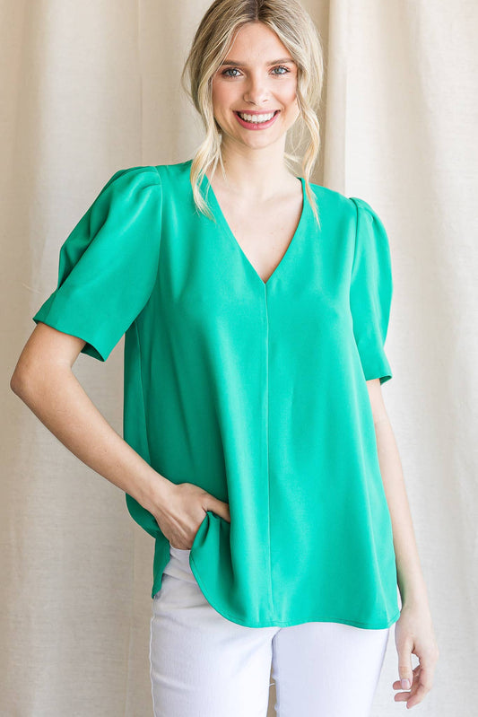 Green V-Neck Puff Sleeve Top