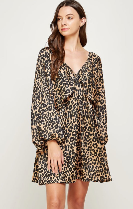 Leopard Shirred Satin Sleeve Dress