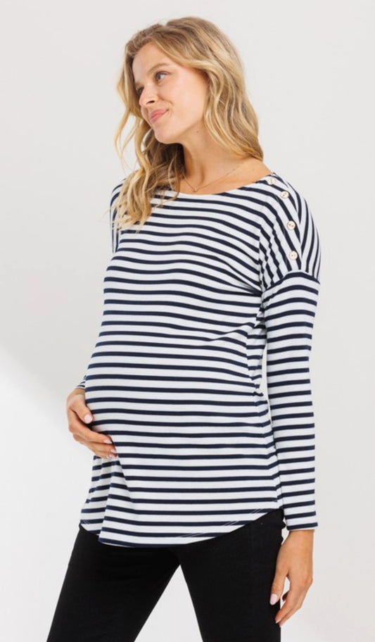 Navy/White Boat Neck Long Sleeve Maternity Top