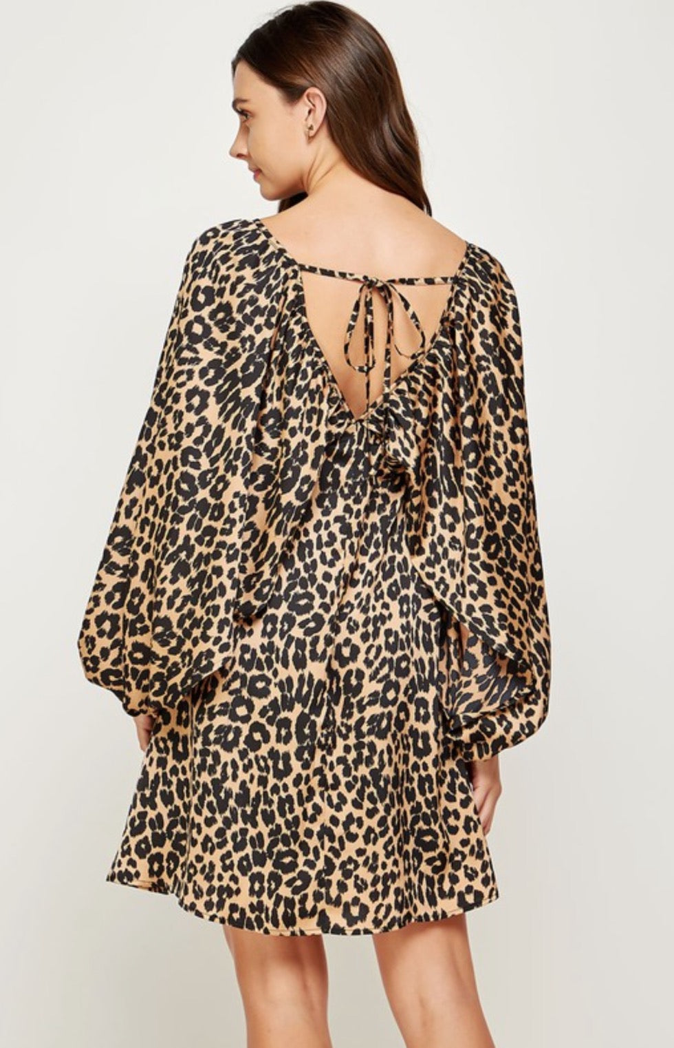 Leopard Shirred Satin Sleeve Dress