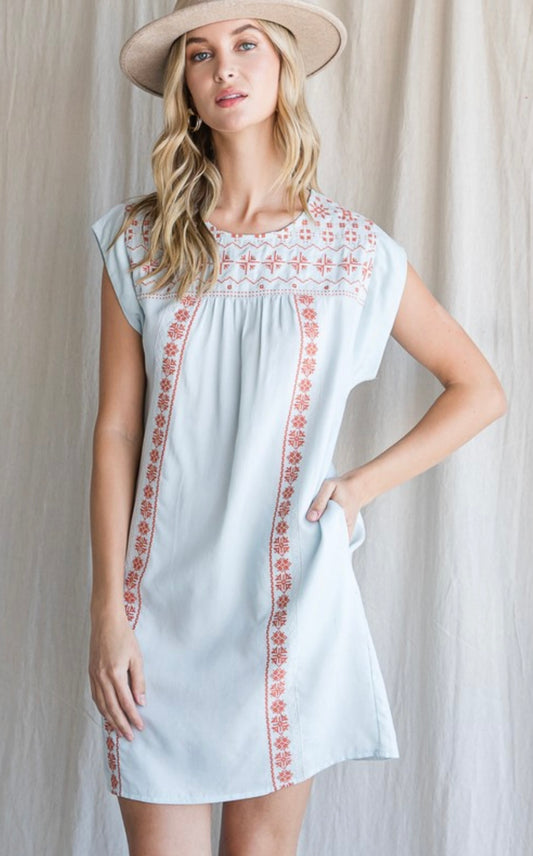 Washed Chambray Dress With Embroidery