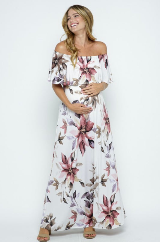 Floral Ruffle Off Shoulder Maxi Maternity Dress