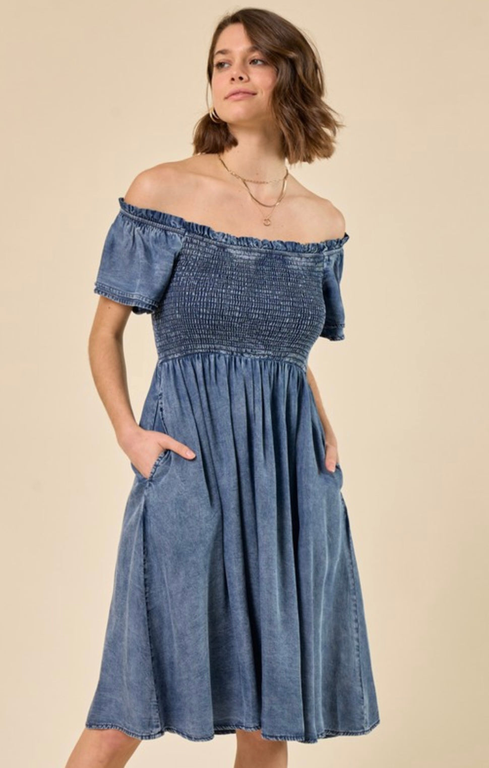 SQUARE NECK SMOCKED DENIM MIDI DRESS