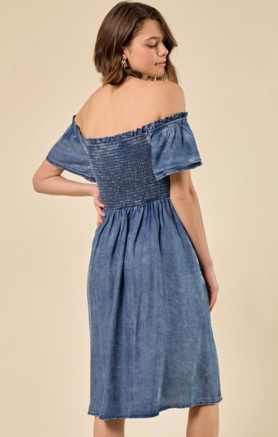 SQUARE NECK SMOCKED DENIM MIDI DRESS