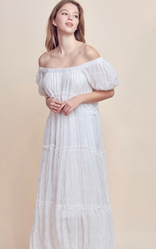 OFF THE SHOULDER MAXI TIERED WITH RUFFLED DRESS