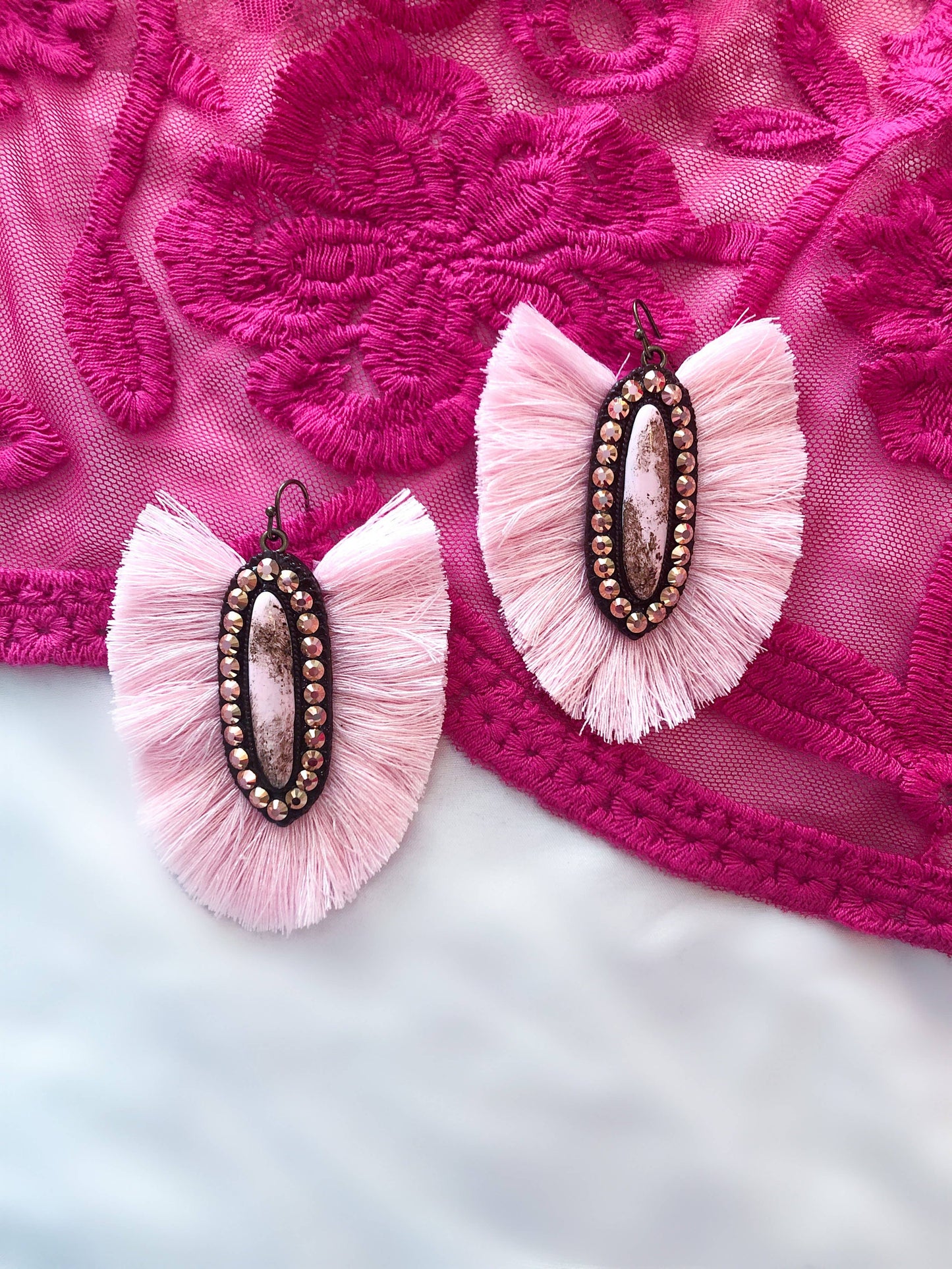 The Casper Earrings- Light Pink Stone With Light Pink Fringe