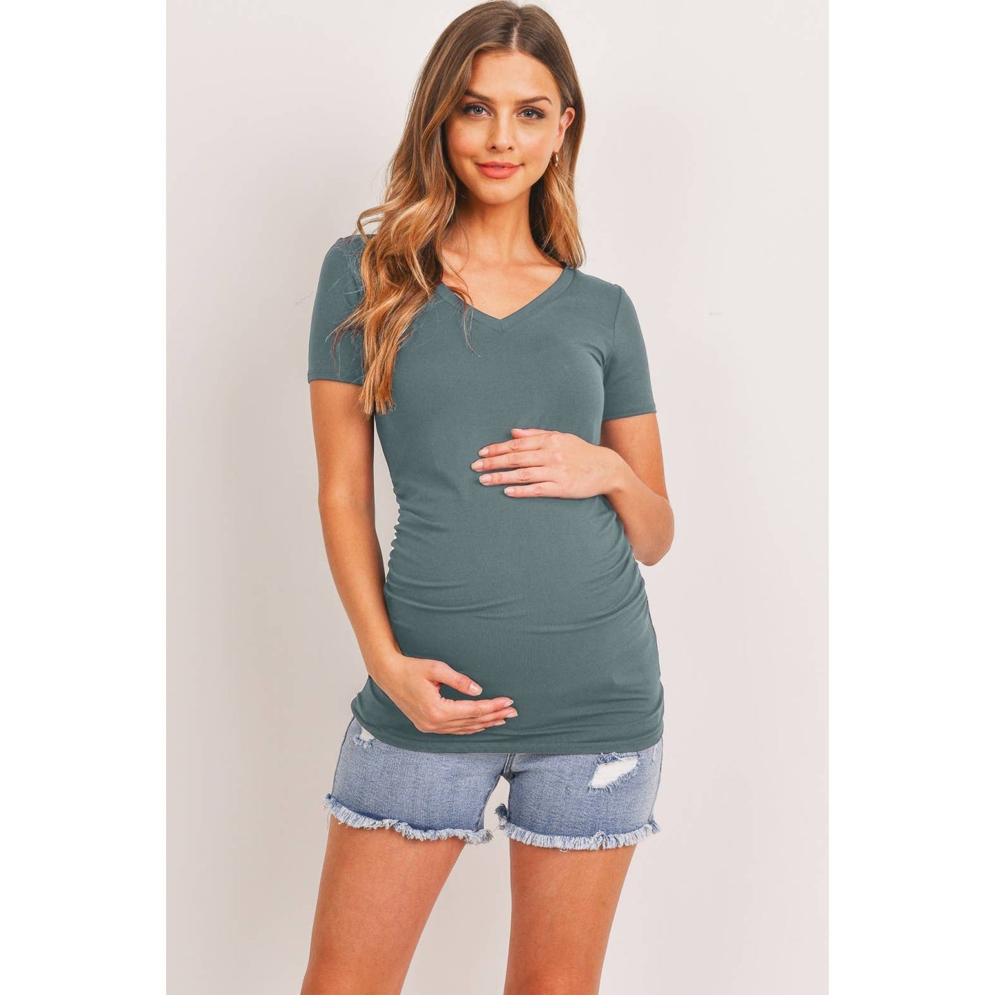 Basic High V-Neck Maternity Top With Ruched Side: SEA BLUE