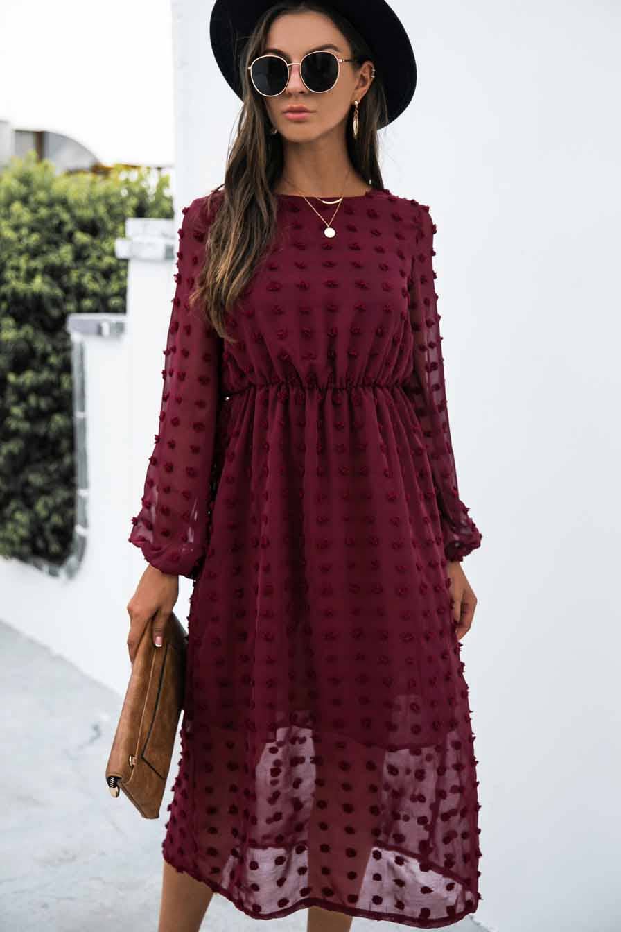 Swiss Dot Long Sleeves Woven Midi Dress